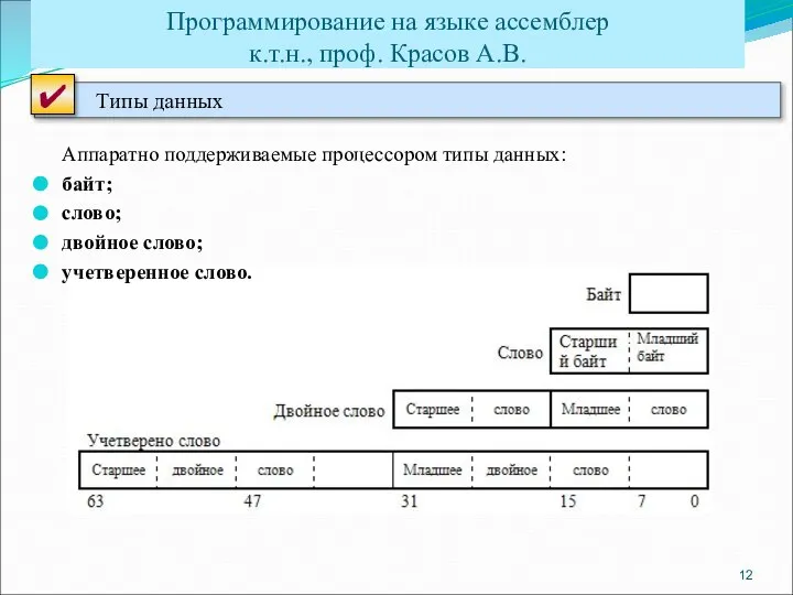 Аппаратно поддерживаемые процессором типы данных: байт; слово; двойное слово; учетверенное слово.