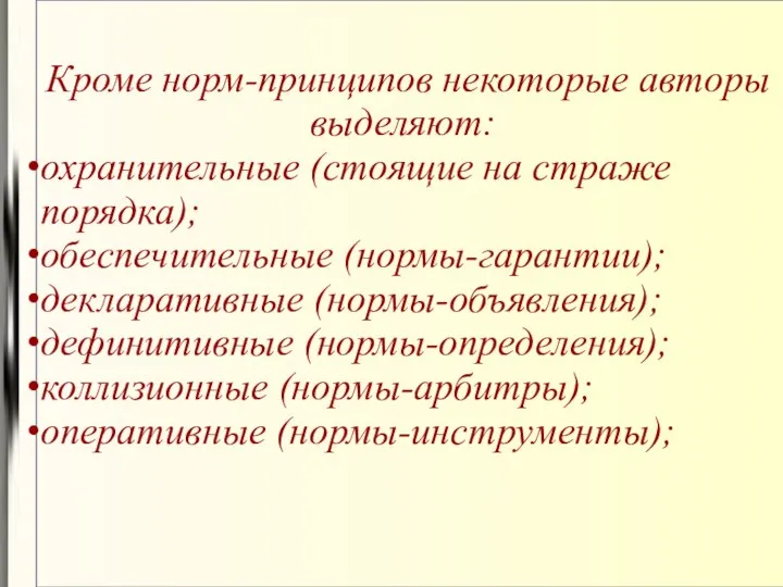 Кроме норм-принципов некоторые авторы выделяют: охранительные (стоящие на страже порядка); обеспечительные