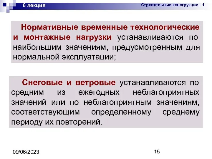 09/06/2023 6 лекция Нормативные временные технологические и монтажные нагрузки устанавливаются по