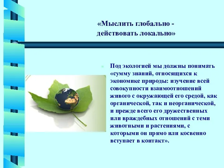 «Мыслить глобально - действовать локально» Под экологией мы должны понимать «сумму