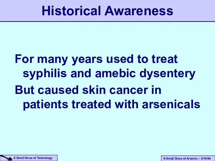 For many years used to treat syphilis and amebic dysentery But