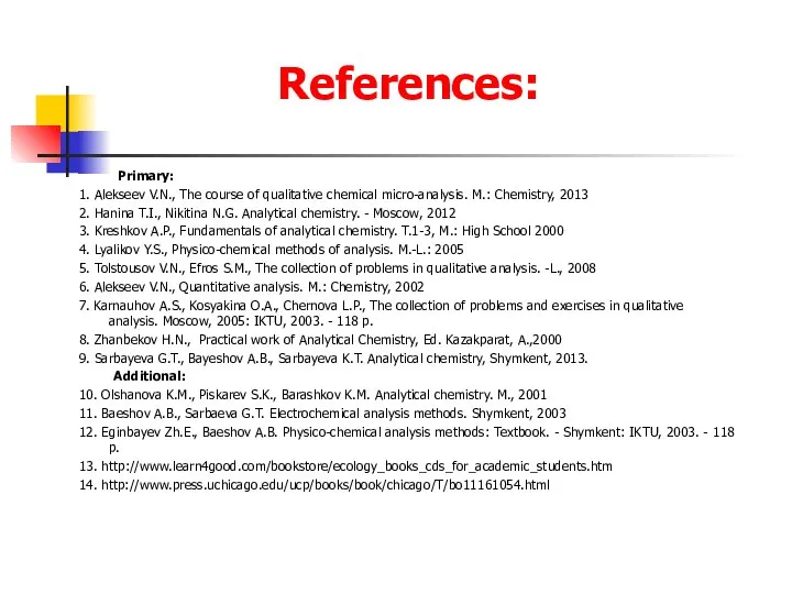 References: Primary: 1. Alekseev V.N., The course of qualitative chemical micro-analysis.