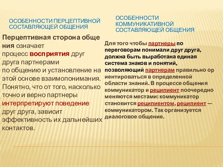 ОСОБЕННОСТИ ПЕРЦЕПТИВНОЙ СОСТАВЛЯЮЩЕЙ ОБЩЕНИЯ ОСОБЕННОСТИ КОММУНИКАТИВНОЙ СОСТАВЛЯЮЩЕЙ ОБЩЕНИЯ Перцептивная сторона общения