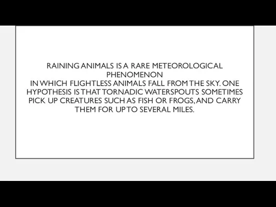 RAINING ANIMALS IS A RARE METEOROLOGICAL PHENOMENON IN WHICH FLIGHTLESS ANIMALS