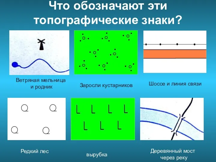 Что обозначают эти топографические знаки? Ветряная мельница и родник Заросли кустарников