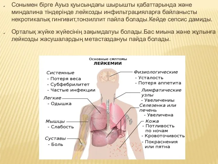 Сонымен бірге Ауыз қуысындағы шырышты қабаттарында және миндалина тіндерінде лейкозды инфильтрацияларға