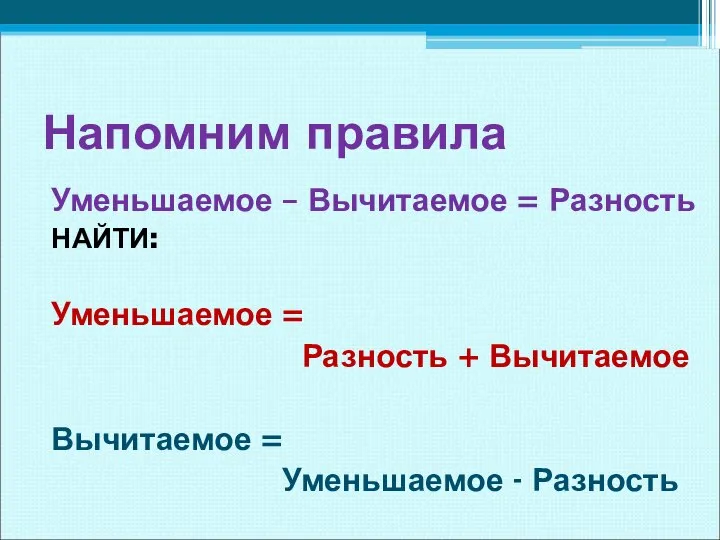 Напомним правила Уменьшаемое – Вычитаемое = Разность НАЙТИ: Уменьшаемое = Разность