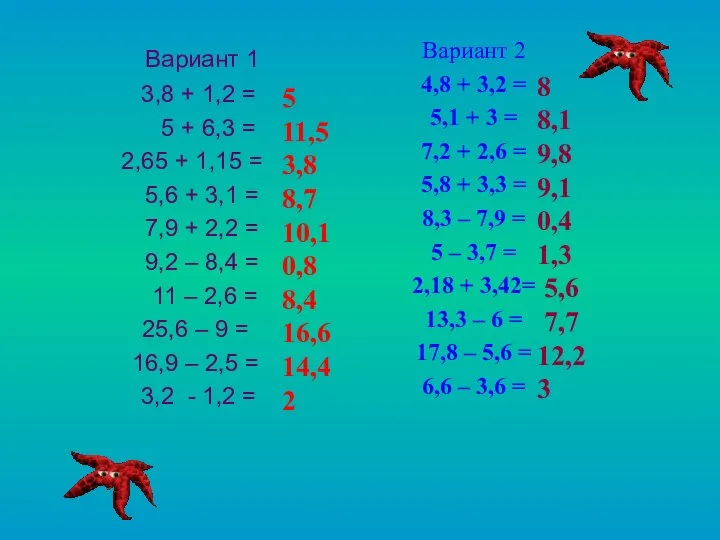 Вариант 1 3,8 + 1,2 = 5 + 6,3 = 2,65