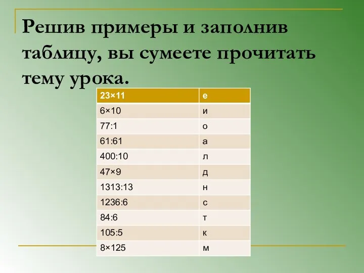 Решив примеры и заполнив таблицу, вы сумеете прочитать тему урока.