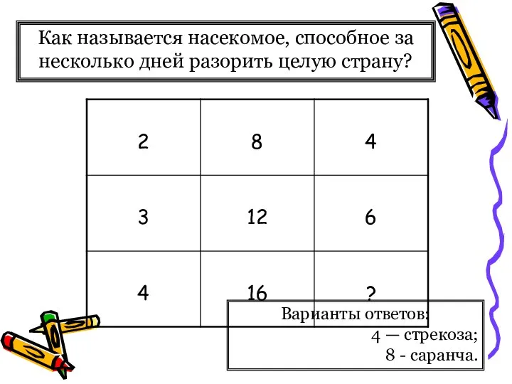 Как называется насекомое, способное за несколько дней разорить целую страну? Варианты