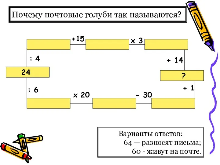 Почему почтовые голуби так называются? Варианты ответов: 64 — разносят письма;