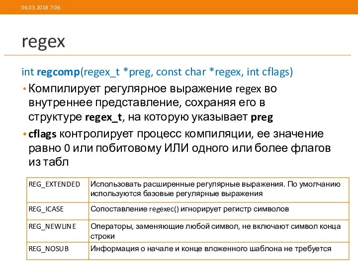 regex int regcomp(regex_t *preg, const char *regex, int cflags) Компилирует регулярное