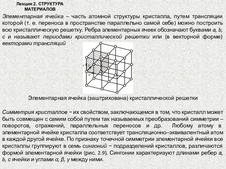 Лекция 2. СТРУКТУРА МАТЕРИАЛОВ Элементарная ячейка – часть атомной структуры кристалла,