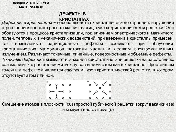 Лекция 2. СТРУКТУРА МАТЕРИАЛОВ ДЕФЕКТЫ В КРИСТАЛЛАХ Дефекты в кристаллах −