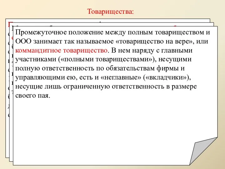 Товарищества: Полное товарищество – это фирма, находящаяся в собственности группы лиц.