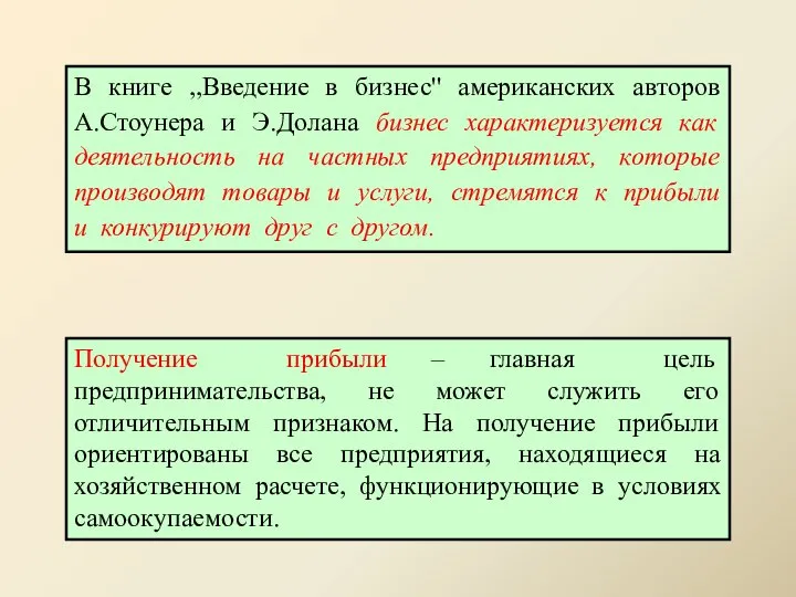 В книге ,,Введение в бизнес'' американских авторов А.Стоунера и Э.Долана бизнес