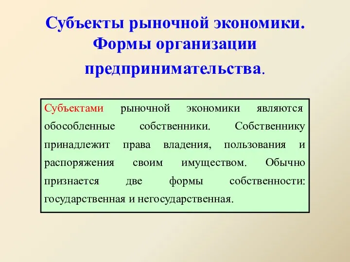 Субъекты рыночной экономики. Формы организации предпринимательства. Субъектами рыночной экономики являются обособленные