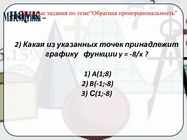 2) Какая из указанных точек принадлежит графику функции y = -8/x