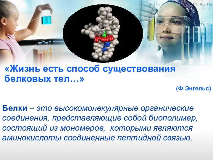 «Жизнь есть способ существования белковых тел…» (Ф.Энгельс) Белки – это высокомолекулярные