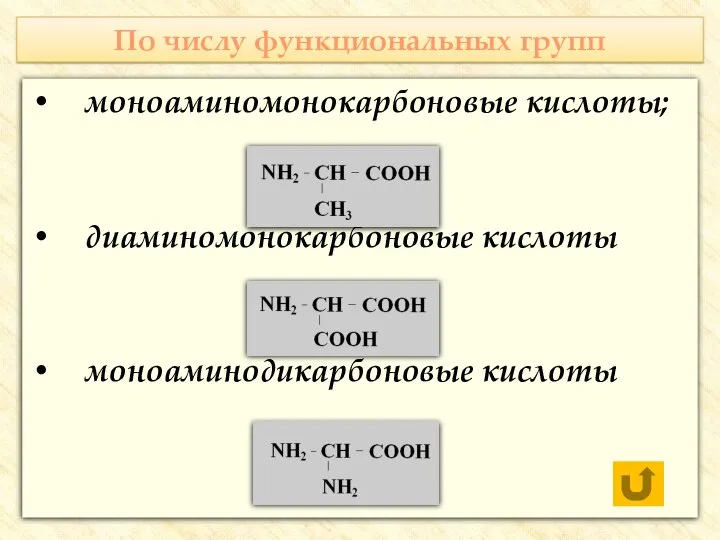 По числу функциональных групп моноаминомонокарбоновые кислоты; диаминомонокарбоновые кислоты моноаминодикарбоновые кислоты