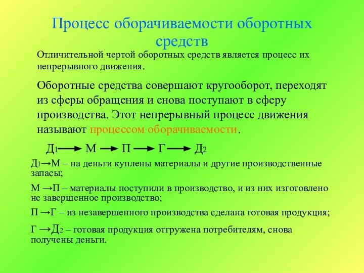 Процесс оборачиваемости оборотных средств Отличительной чертой оборотных средств является процесс их