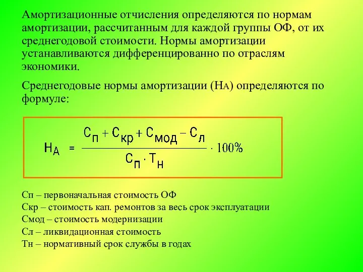 Амортизационные отчисления определяются по нормам амортизации, рассчитанным для каждой группы ОФ,