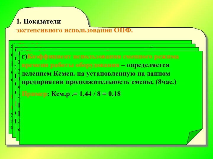 1. Показатели экстенсивного использования ОПФ. а) Коэффициент экстенсивного использования оборудования Коэффициент