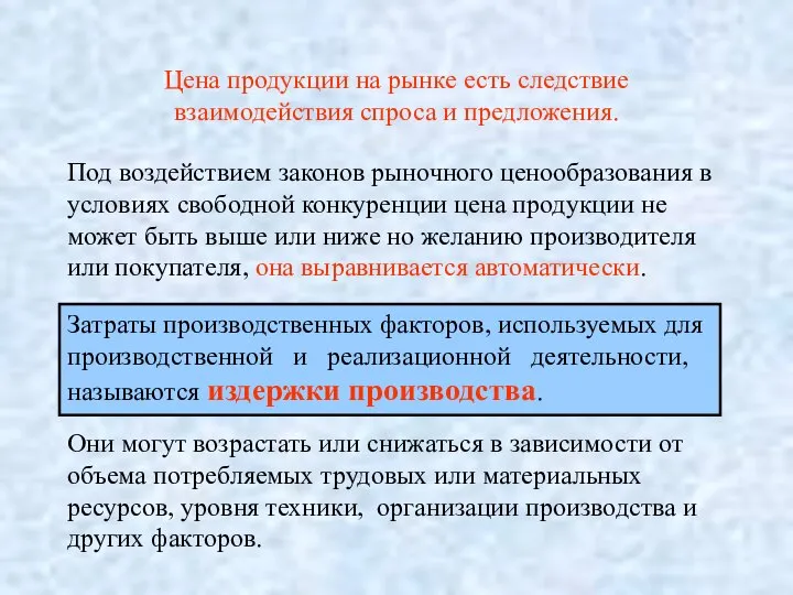 Цена продукции на рынке есть следствие взаимодействия спроса и предложения. Под