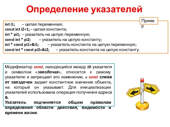 Определение указателей int i1; – целая переменная; const int i2=1; –