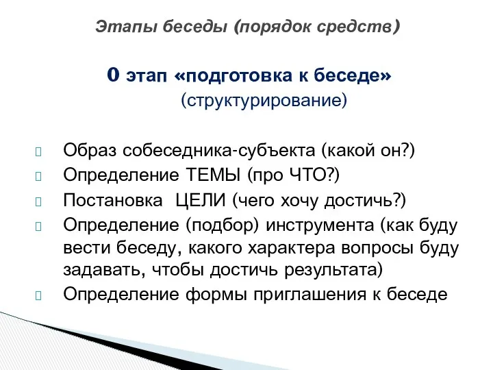 0 этап «подготовка к беседе» (структурирование) Образ собеседника-субъекта (какой он?) Определение