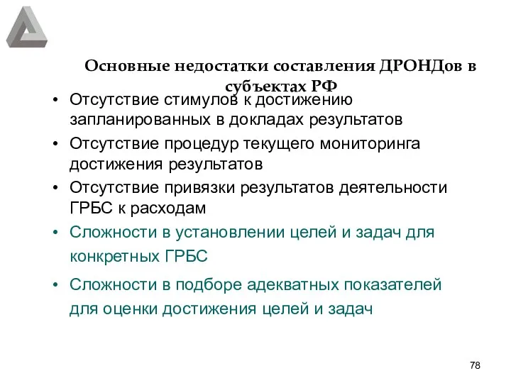 Основные недостатки составления ДРОНДов в субъектах РФ Отсутствие стимулов к достижению