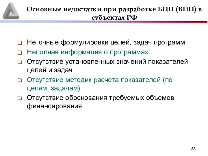 Основные недостатки при разработке БЦП (ВЦП) в субъектах РФ Неточные формулировки