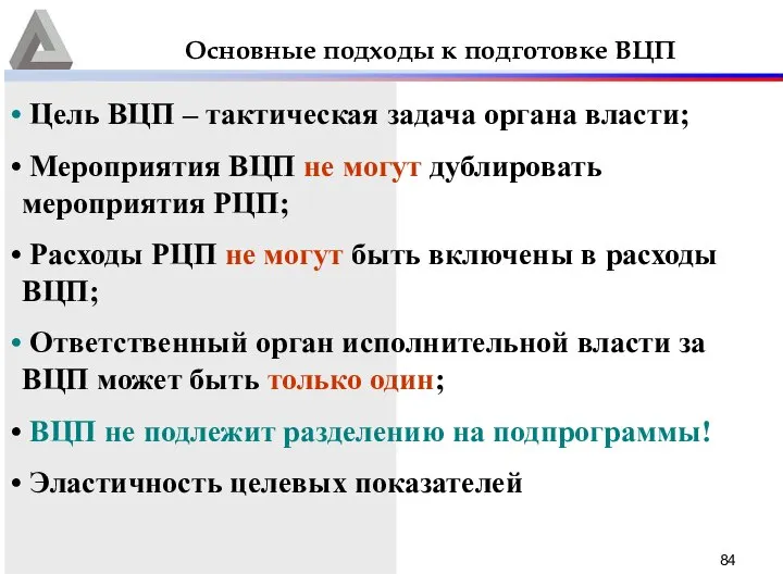 Основные подходы к подготовке ВЦП Цель ВЦП – тактическая задача органа