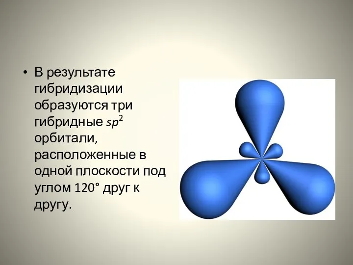 В результате гибридизации образуются три гибридные sp2 орбитали, расположенные в одной