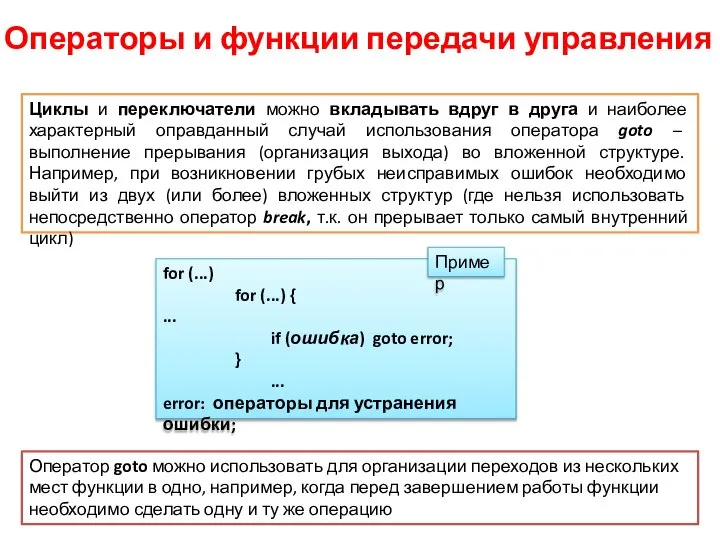 Операторы и функции передачи управления Циклы и переключатели можно вкладывать вдруг