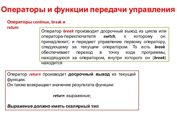 Операторы и функции передачи управления Оператор break производит досрочный выход из