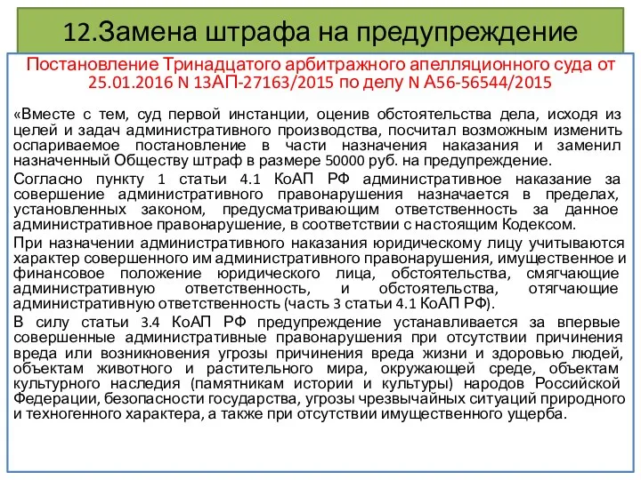 12.Замена штрафа на предупреждение Постановление Тринадцатого арбитражного апелляционного суда от 25.01.2016