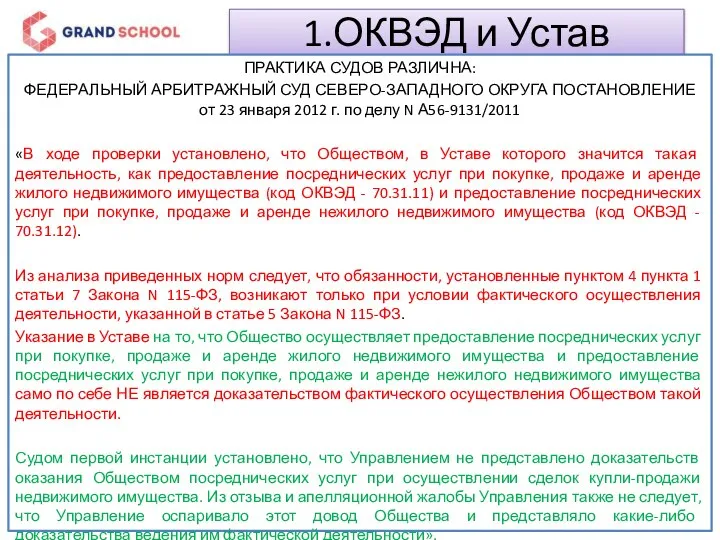 1.ОКВЭД и Устав ПРАКТИКА СУДОВ РАЗЛИЧНА: ФЕДЕРАЛЬНЫЙ АРБИТРАЖНЫЙ СУД СЕВЕРО-ЗАПАДНОГО ОКРУГА