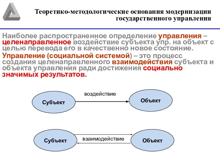 Наиболее распространенное определение управления – целенаправленное воздействие субъекта упр. на объект