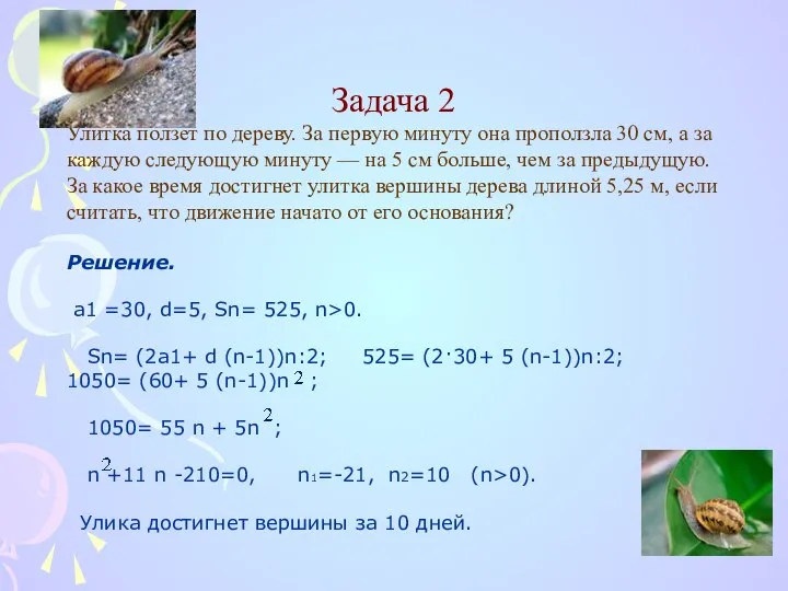 Задача 2 Улитка ползет по дереву. За первую минуту она проползла