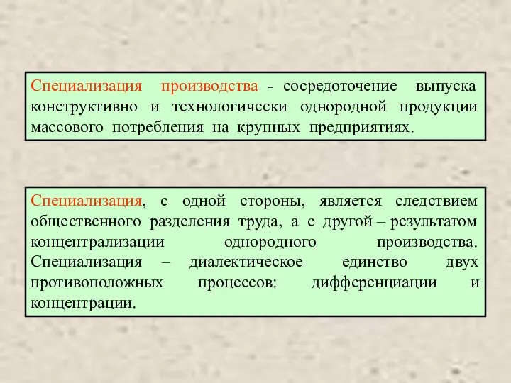 Специализация производства - сосредоточение выпуска конструктивно и технологически однородной продукции массового