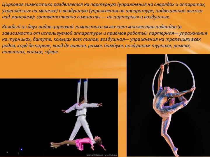 Цирковая гимнастика разделяется на партерную (упражнения на снарядах и аппаратах, укреплённых