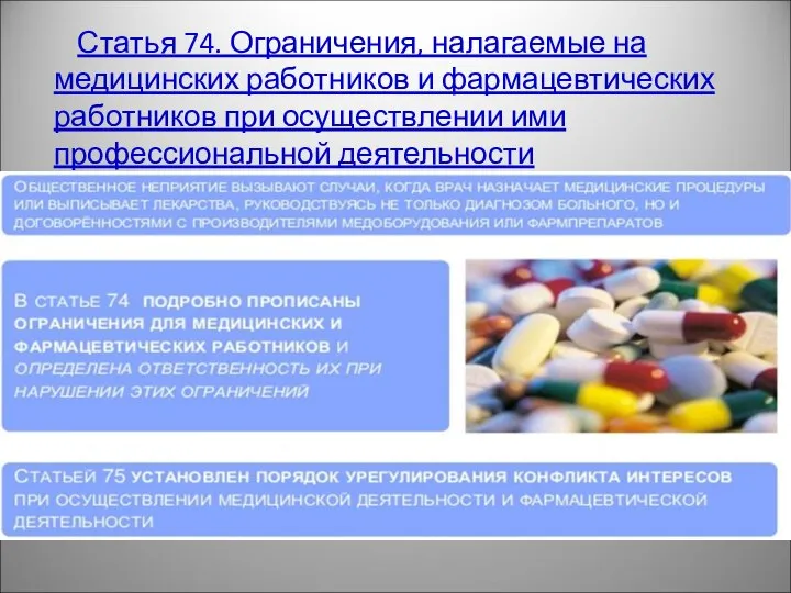 Статья 74. Ограничения, налагаемые на медицинских работников и фармацевтических работников при осуществлении ими профессиональной деятельности