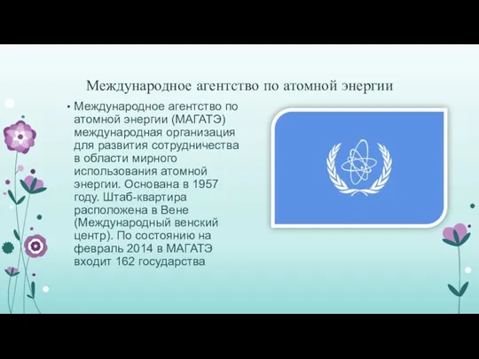 Международное агентство по атомной энергии Международное агентство по атомной энергии (МАГАТЭ)