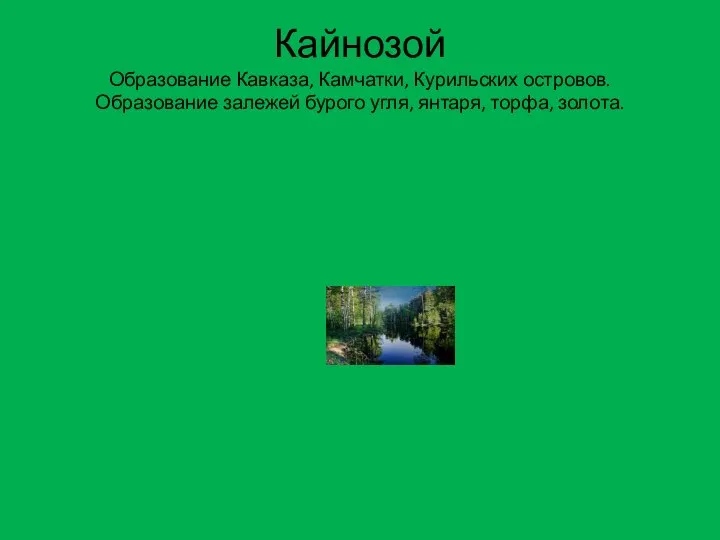 Кайнозой Образование Кавказа, Камчатки, Курильских островов. Образование залежей бурого угля, янтаря, торфа, золота.