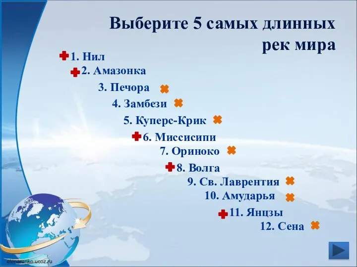 Выберите 5 самых длинных рек мира 1. Нил 4. Замбези 3.