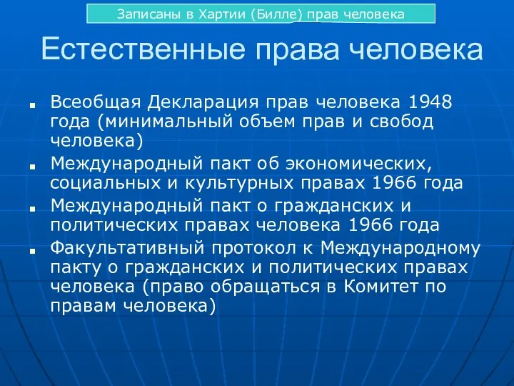 Естественные права человека Всеобщая Декларация прав человека 1948 года (минимальный объем