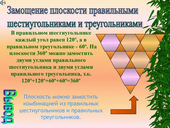 Замощение плоскости правильными шестиугольниками и треугольниками В правильном шестиугольнике каждый угол