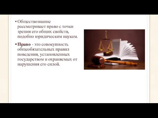 Обществознание рассматривает право с точки зрения его общих свойств, подобно юридическим