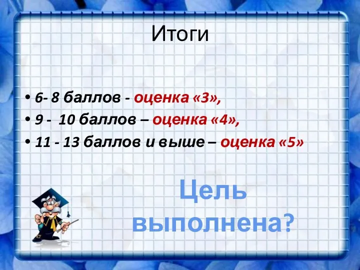 Итоги 6- 8 баллов - оценка «3», 9 - 10 баллов